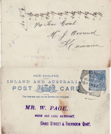 NEW ZEALAND 1892 POSTCARD SENT FROM WELLINGTON - Covers & Documents