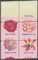 U.S.A.(1981) Rose. Camellia. Dahlia. Lily. Perforation Shift Resulting In Top 9mm Of Stamp In Selvage! Scott No 1879a, Y - Abarten & Kuriositäten