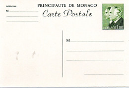 MONACO -- MONTE CARLO -- Entier Postal -- Carte Postale -- 1 F. 60 Vert Sur Blanc Prince Rainier III - Postal Stationery