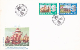 FAMOUS PEOPLE, CHRISTOPHER COLUMBUS, DISCOVERY OF AMERICA, SHIPS, COVER FDC, 1992, ROMANIA - Cristóbal Colón