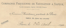 1890 NAVIGATION ENTETE Compagnie Parisienne De Navigation à Vapeur Services Maritimes Départ Paris  V.HISTORIQUE - 1800 – 1899
