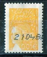 FR 2001.....Gommé - MARIANNE DE LUQUET - 1v  N ° 3443  à  0.01 € Jaune - Décentrage-1bande Phospho - Bel Aspect Oblitéré - 1997-2004 Marianne (14. Juli)