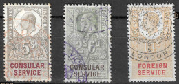 SET OF 3 CONSULAR SERVICE AND FOREIGN SERVICE 5sh, 2s6d, 14sh Used  - Revenue Stamps