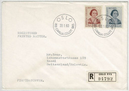 Norwegen / Norge 1963, Brief Einschreiben Ersttag Camilla Collett Oslo - Basel (Schweiz), Frauenrechtlerin - Covers & Documents