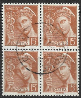 FRANCE N° 409 15C BRUN ROUGE TYPE MERCURE BLOC  DE 4 OBL - 1938-42 Mercure