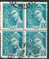 FRANCE N° 538 50C TURQUOISE TYPE MERCURE BLOC  DE 4 OBL - 1938-42 Mercurius