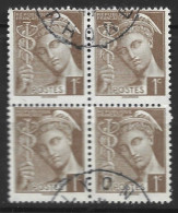 FRANCE N°404 1C SEPIA TYPE MERCURE BLOC  DE 4 OBL - 1938-42 Mercure