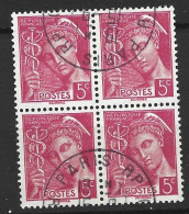 FRANCE N°406 5C ROSE TYPE MERCURE BLOC  DE 4 OBL - 1938-42 Mercurius