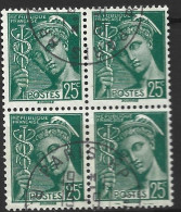 FRANCE N°411 25C VERT TYPE MERCURE BLOC  DE 4 OBL - 1938-42 Mercurio