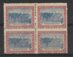 ARGENTINA 1920 CENTENARY OF CREATION OF NATIONAL FLAG MI 243 Scott 281 BLOCK MNH - Unused Stamps
