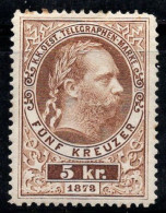 Autriche 1873 Mi. 1 Neuf * MH 40% Télégraphe, 5 Kr, Franz Joseph - Telegrafo