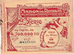 BILLET LOTERIE    MAISON DE RETRAITE DES ARTISTES DE CONCERTS & MUSIC-HALLS         TIRAGE 1909 - Billetes De Lotería