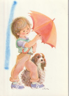 Illustrateur  Signé . - Enfant Accompagné De Son Chien Et Tenant Un Parapluie - Children's Drawings