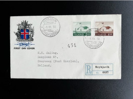 ICELAND ISLAND 1958 REGISTERED FDC GOVERNMENT BUIDLING TO OVERVEEN 09-12-1958 IJSLAND AANGETEKEND - FDC