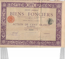 Action Société Générale Biens Fonciers Action De 100 Francs Au Porteur  ( Manque 1 Coupon ) - Banque & Assurance