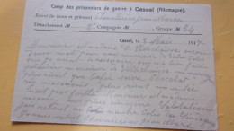 WWI KRIEGSGEFANGENENDUNG  FELDPOSKARTE KASSEL CASSEL CAMP PRISONNIERS DE GUERRE  1917 - Correos De Prisioneros De Guerra