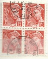 FRANCE N° 408 15C VERMILLON TYPE MERCURE BLOC DE 4 OBL - Usados