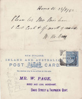 NEW ZEALAND 1892 POSTCARD SENT FROM WELLINGTON - Cartas & Documentos