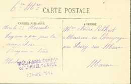 Guerre 14 Cachet Nice Hôpital Temporaire De L'Hôtel De Nice 23 NOV 1914 CPA Palais De La Jetée - Oorlog 1914-18