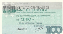 MINIASSEGNO IST.CENTRALE BANCHE L.100 BANCA MERCANTILE FDS (HC1573 - [10] Checks And Mini-checks