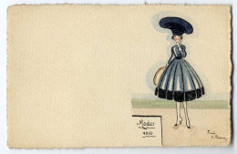 MODES 1916  FEMME AVEC UN BEAU CHAPEAU   DESSIN ENCRE AQUARELLE  REALISE SUR CARTE POSTALE  - SIGNEE S BURM - Wasserfarben