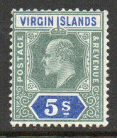 Virgin Islands 1904 EVII 5/- Green & Blue, Wmk. Multiple Crown CA, MNH, SG 62 (WI) - British Virgin Islands