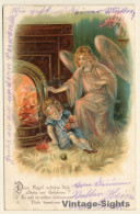 Female Angel Protects Kid From Fire / Poem (Vintage PC 1906) - Anges