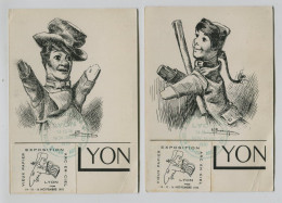 Marionnette GUIGNOL - 2 Vignettes Exposition Arc En Ciel Lyon 1790 Sur Carte Postale Illustrée - Covers & Documents