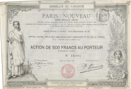 PARIS NOUVEAU-SOCIETE IMMOBILIERE - ACTION  ILLUSTREE DE 500 FRANCS -ANNEE 1885 - Autres & Non Classés