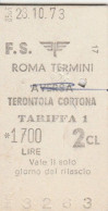 BIGLIETTO TRENO EDMONSON ROMA TERONTOLA CORTONA 1973 L.1700 (BY1234 - Europe