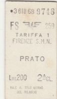 BIGLIETTO TRENO EDMONSON FIRENZE PRATO L.200 1968 (BY1106 - Europe