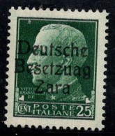 Zadar 1943 Sass. 5a Neuf ** 80% Erreur Besetzuag, 25 Cents - Duitse Bez.: Zara