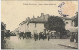 Cpa..47..BON-ENCONTRE...LOT ET GARONNE..PLACE DE L'EGLISE ET GRANDE RUE..BELLE ANIMATION...MANQUE LE TIMBRE.. - Bon Encontre