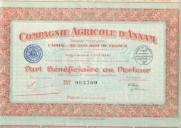 ACTION PART BENEFICIAIRE AU PORTEUR COMPAGNIE AGRICOLE D ANNAM 1927 PARIS AGRICULTURE PARIS VIET NAM TONKIN COCHINCHINE - Landwirtschaft