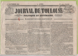 JOURNAL DE TOULOUSE 08 09 1846 - GRAND THEATRE - CARCASSONNE - MONTLAUR - ST PIERRE DE BOEUF - BADE - CIGARES TERCERAS - 1800 - 1849