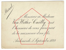 Geboortekaartje Faire Part De La Naissance MARCEL VAn Wetter Cailly Oudenaarde Audenarde 1889 - Geboorte & Doop