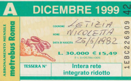 ABBONAMENTO MENSILE BUS ATAC ROMA DICEMBRE 1999 (MF671 - Europe