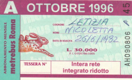 ABBONAMENTO MENSILE BUS ATAC ROMA OTTOBRE 1996 (MF660 - Europe