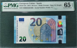 20 EURO SPAIN 2015 DRAGHI V003B5 VH TEST NOTE SC FDS UNC. CERTIFICATE PMG 65 EPQ - 20 Euro