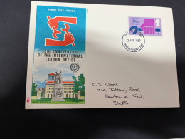 15-12-2023 (2 W 14) Australia + UK (2 FDC Cover) ILO - Internatioanl Labour Organisation 50th Anniversary - OIT