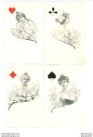 LOT De 4 Cartes Série Complète Dessin Signé ? Illustration Style Viennoise Cartes à Jouer Les 4 Reines Série N° 870 - Speelkaarten