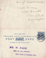 NEW ZEALAND 1892 POSTCARD SENT FROM WELLINGTON - Covers & Documents