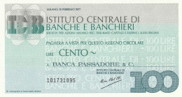 MINIASSEGNO ISTITUTO CENTRALE BANCHE E BANCHIERI L.100 B. PASSADORE FDS  (KMA558 - [10] Chèques