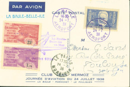 1er Vol Postal Belle Ile En Mer La Baule Belle Ile En Mer CAD La Baule Aéroport 24 7 38 YT 383 / Vignettes Club Mermoz - 1927-1959 Lettres & Documents