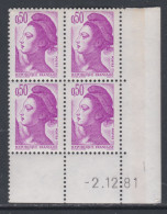 France Type Liberté N° 2184 XX : 50 C. Violet En Bloc De 4 Coin Daté Du  2 . 12 . 81,  Sans Trait Sans Charnière TB - 1980-1989