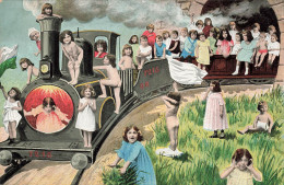 FANTAISIE - Enfants - Un Train Transportant Des Enfants - 7216 OR - Collage - Colorisé - Carte Postale Ancienne - Baby's