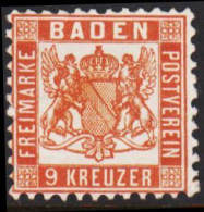1862. BADEN. Wappen (Hintergrund Weiss.) 9 KREUZER 10x10 No Gum, Thin.  - JF539193 - Postfris