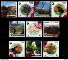 0058A- KOLUMBIEN - 2019 - USED- SET X 10 STAMPS - COLOMBIAN NATIONAL NATURAL PARKS. BEAR. BIRDS, PUMA, ARCHAEOLOGY - Colombie