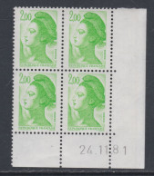 France Type Liberté N° 2188 XX : 2 F. Vert-jaune En Bloc De 4 Coin Daté Du  24 . 11 . 81,  Sans Trait, Sans Charnière TB - 1980-1989