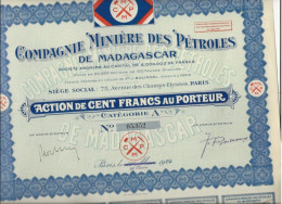 COMPAGNIE MINIERE DES PETROLES DE MADAGASCAR - ACTION DE CENT FRANCS -CATEGORIE A - ANNEE 1924 - Mineral